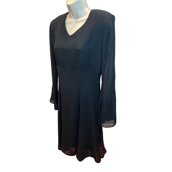 Moda Intl Womens Black Long Sleeve Dress Size 4 Sheer Sleeves Floral Hem Elegant - Picture 3 of 11